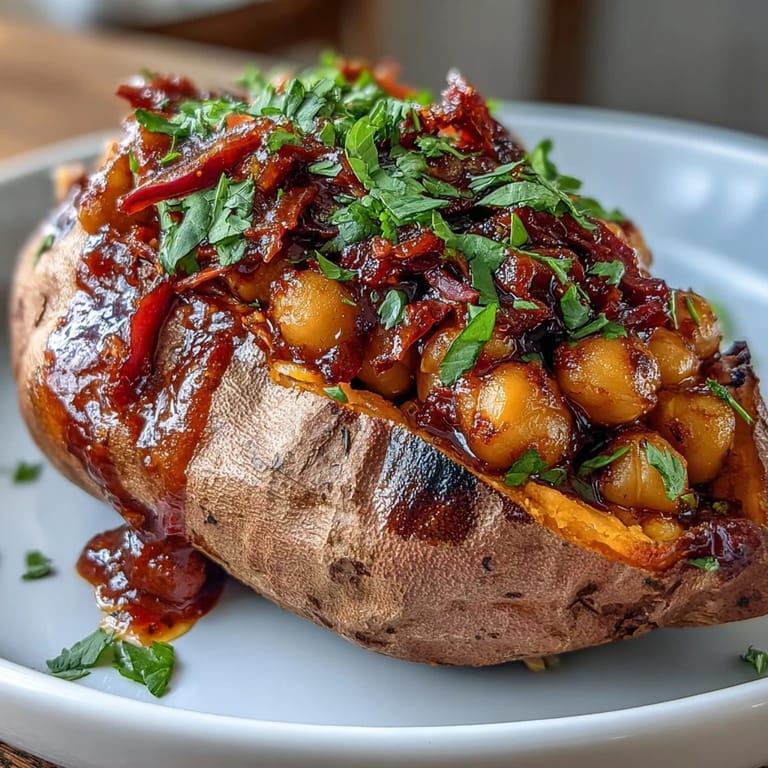 Hearty sweet potatoes loaded with saucy BBQ chickpeas and crisp, colorful slaw, perfect for a satisfying vegan main course.