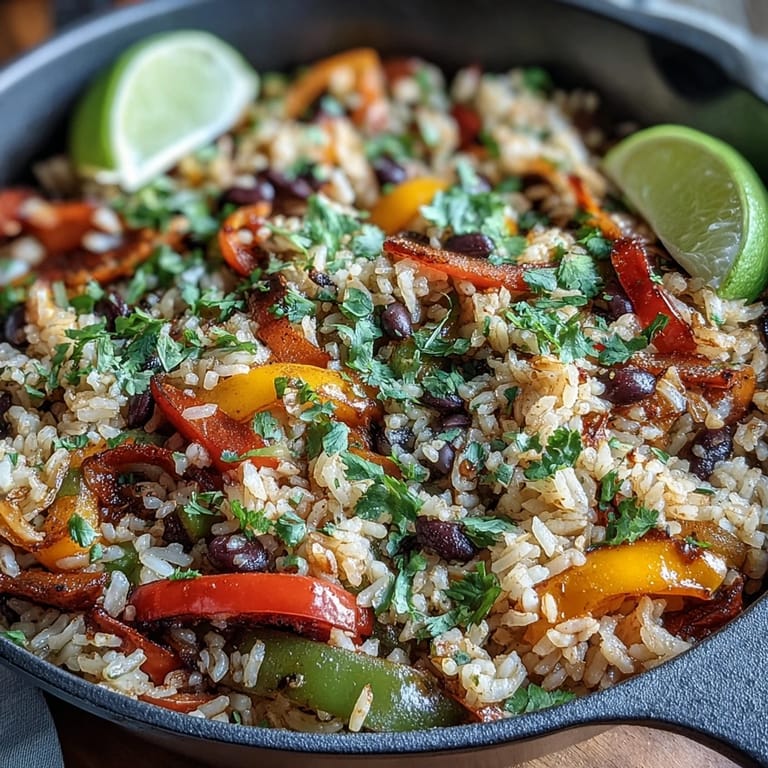 Vibrant vegan fajita rice skillet featuring tender peppers, black beans, and zesty fajita seasoning served straight from the pan.