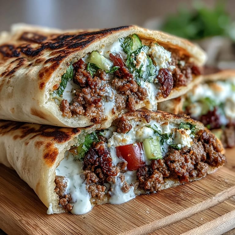 Warm whole wheat pita halves packed with savory Mediterranean-seasoned ground beef, crunchy cucumber, juicy tomatoes, and tangy feta crumbles.  