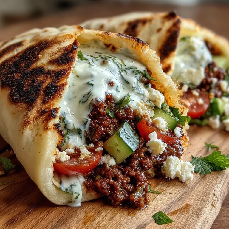 Hearty ground beef with cumin and paprika, nestled in soft pita pockets, topped with diced vegetables, feta, and cool, herby yogurt sauce.