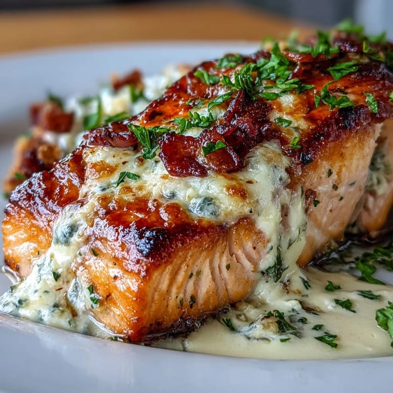 Lemon butter sauce drizzled over tender salmon, baked until flaky and golden, with Parmesan and cream cheese.  