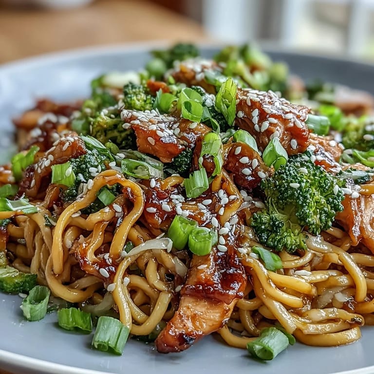 Savory stir-fried chicken and egg noodles tossed in a rich garlic-honey soy glaze, topped with sesame seeds and fresh green onions.  