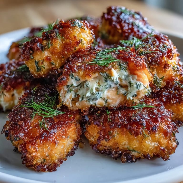 Crunchy, oven-baked salmon nuggets coated in seasoned breadcrumbs, served hot with lemon wedges and dipping sauce.  