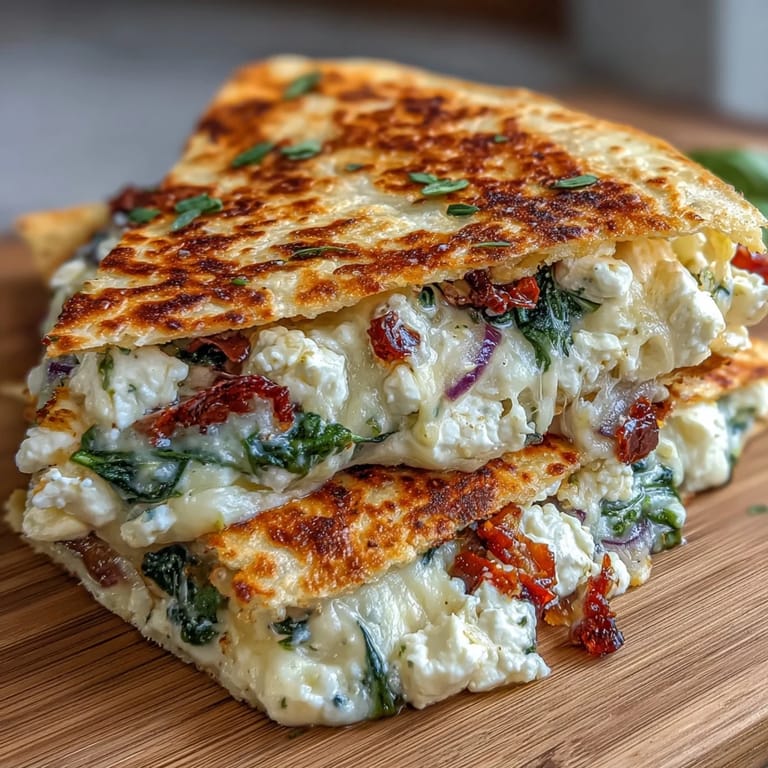 Warm, savory Mediterranean quesadilla oozing with creamy feta and mozzarella, served with fresh basil and sliced into golden wedges.  