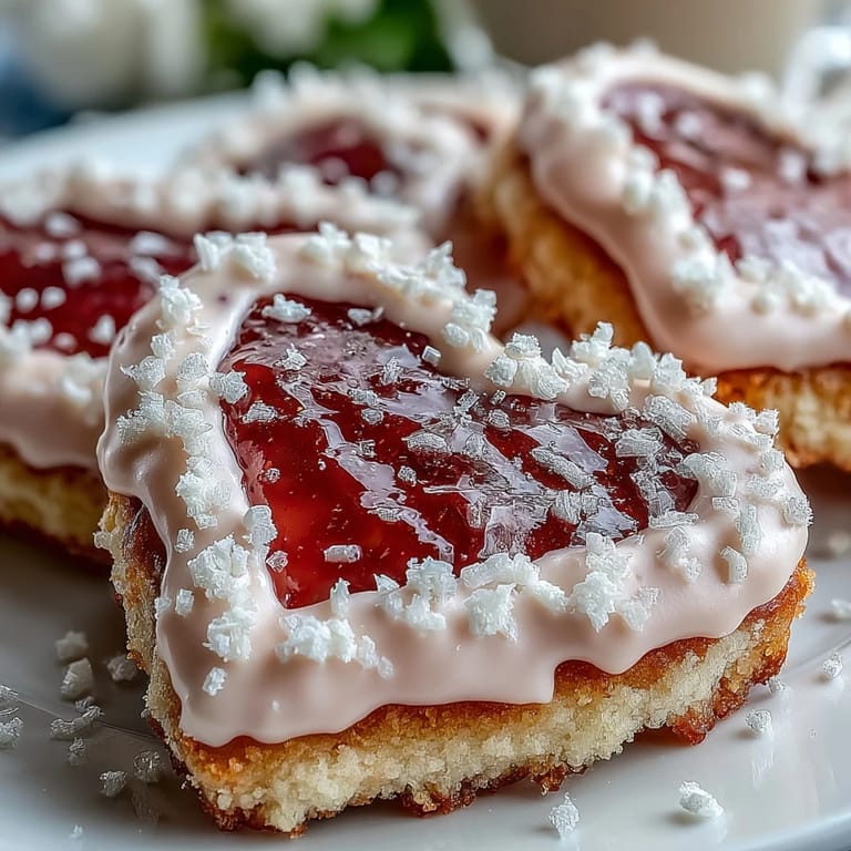 Heart-shaped strawberry cookies with glossy royal icing, perfect for sharing with loved ones.  