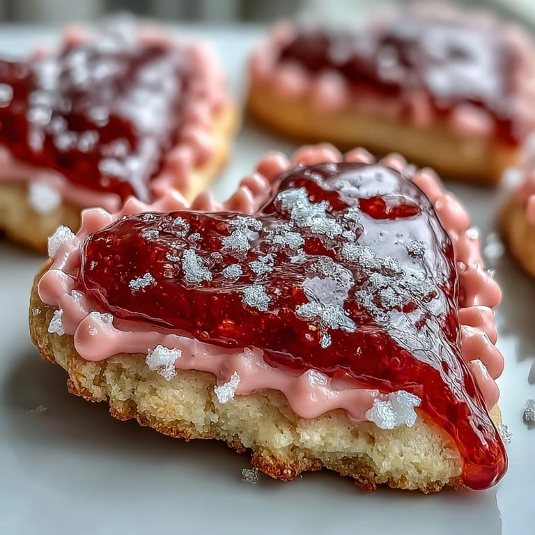 Festive Valentine's Day cookies featuring strawberry flavor and smooth royal icing in pastel pink.