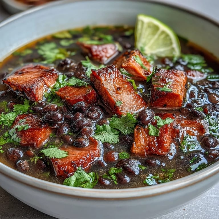 Hearty black bean and ham soup with vibrant green cilantro and zesty lime, served in a rustic ceramic bowl.