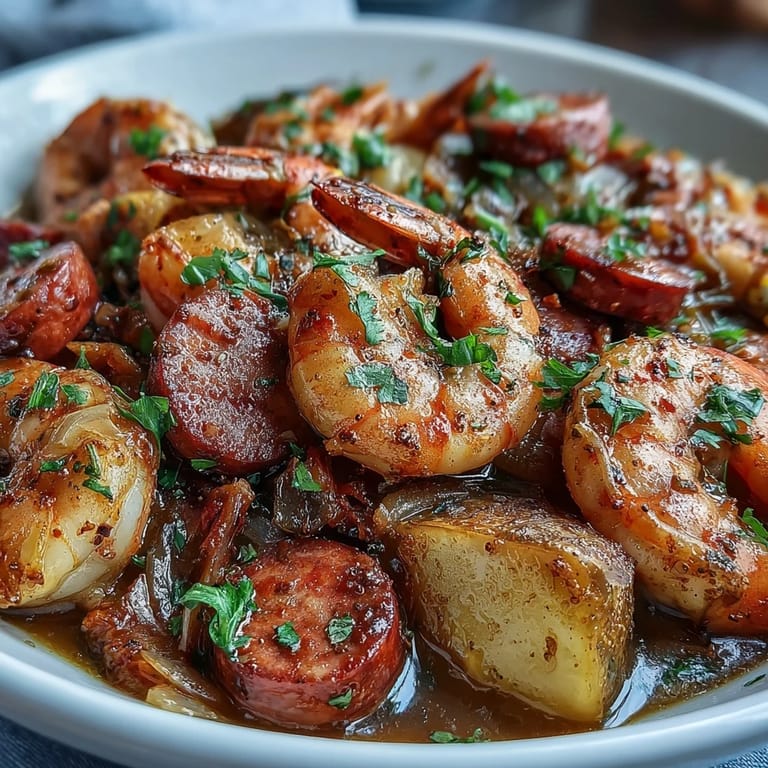 A hearty pot of shrimp, sausage, potatoes, and corn boiled in zesty Cajun seasoning, perfect for gatherings and sharing with friends and family.  
