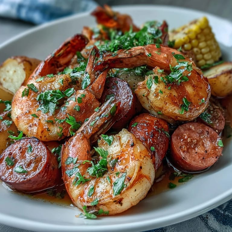 Mouthwatering Cajun shrimp boil featuring juicy sausage, tender vegetables, and zesty spices, all served with melted butter and fresh parsley for an authentic Southern meal.