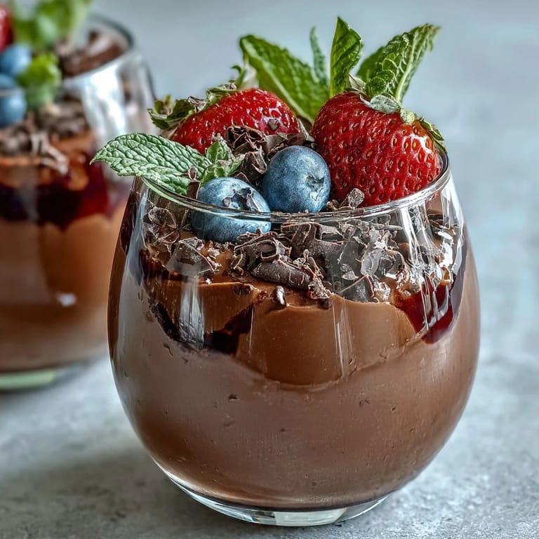 Indulgent chocolate mousse with cottage cheese blended smooth and crowned with fresh strawberries, blueberries, and a sprinkle of dark chocolate shavings.  
