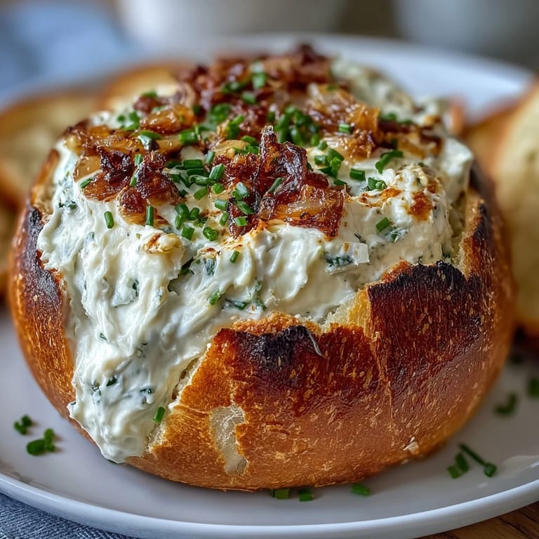 Warm sourdough bread bowl overflowing with rich, cheesy caramelized onion dip, garnished with fresh chives for a savory appetizer.