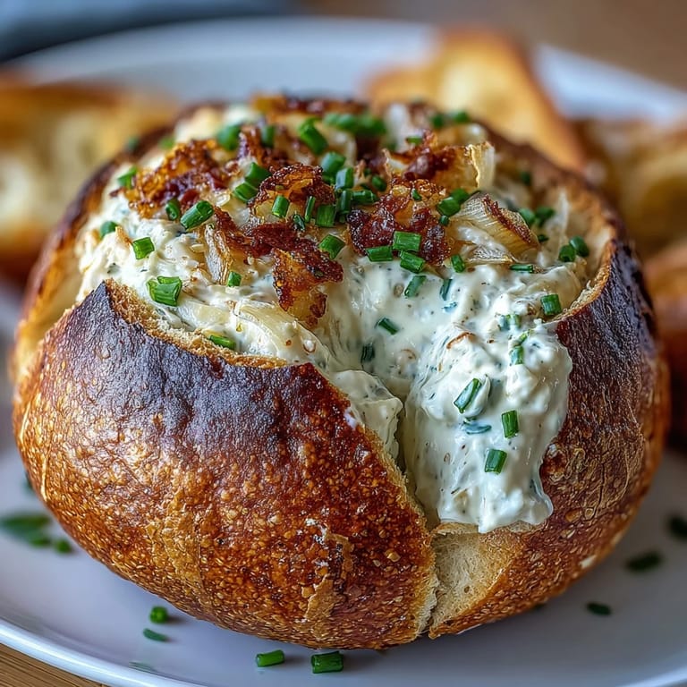 Golden sourdough bread bowl packed with homemade onion dip, served alongside crunchy vegetable sticks and toasted bread for dipping.