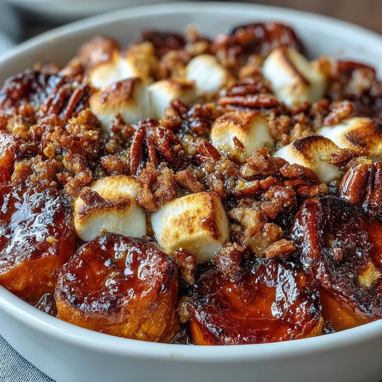 Gooey marshmallows and crunchy pecan crumble top tender sweet potatoes in a spiced brown sugar glaze.  