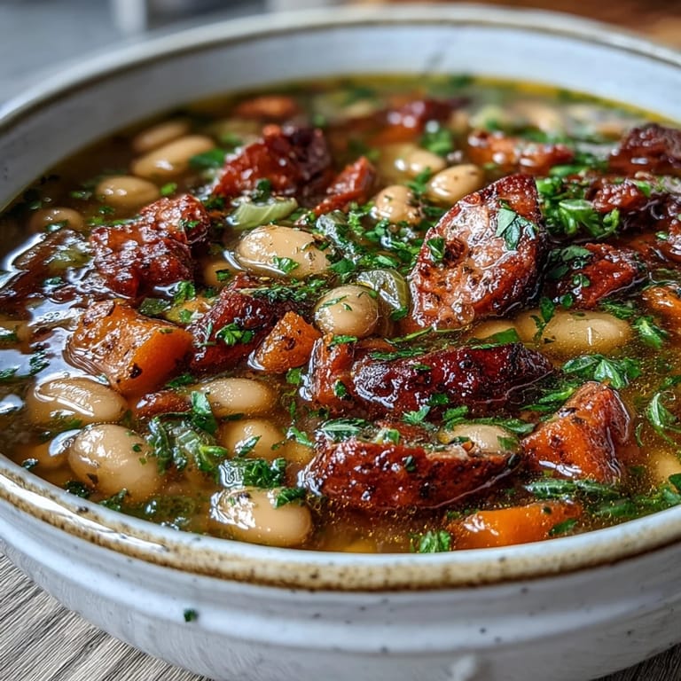 A warm bowl of slow cooker ham and bean soup, perfect for chilly days with crusty bread.