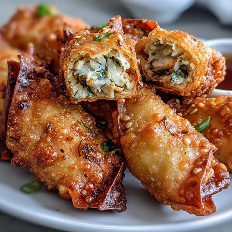 Gluten-free rice paper dumplings stuffed with seasoned ground chicken, shredded carrots, and zucchini, served with soy dipping sauce.  