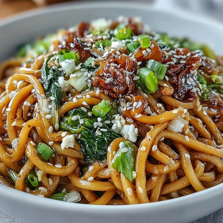 Silky wheat noodles tossed in a vibrant ginger-scallion sauce, topped with tender baby bok choy and snap peas for freshness.