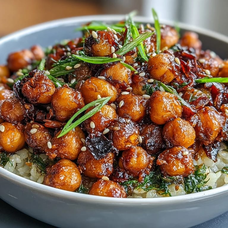Golden crispy chickpeas tossed in chili garlic sauce, garnished with sesame seeds and cilantro, served over steamed jasmine rice.