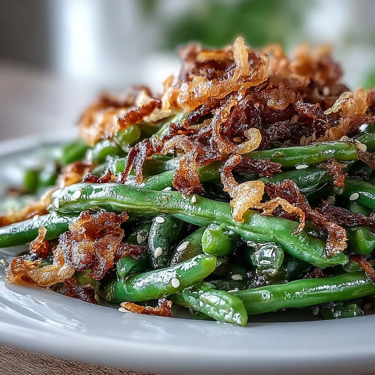 Vibrant green beans stir-fried with sesame and garlic, garnished with golden crispy fried onions.