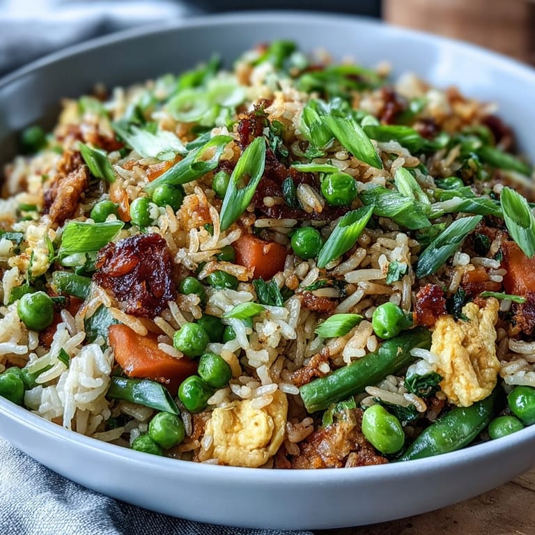 Healthy fried rice loaded with fresh spring peas, carrots, and colorful vegetables, perfect for a vegetarian meal.  