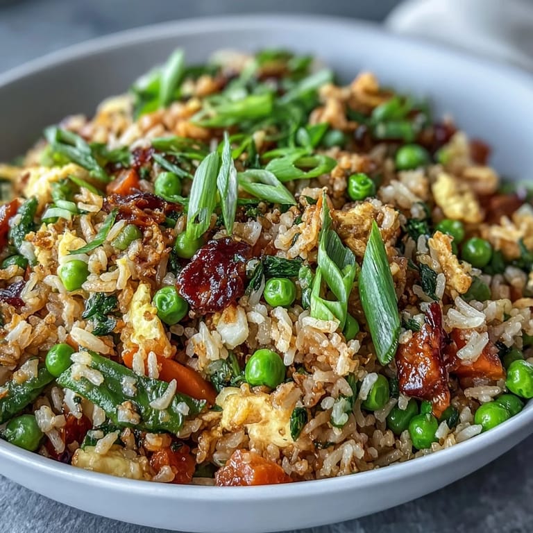 Easy fried rice with spring peas, carrots, and bell peppers, seasoned with soy sauce and sesame oil.
