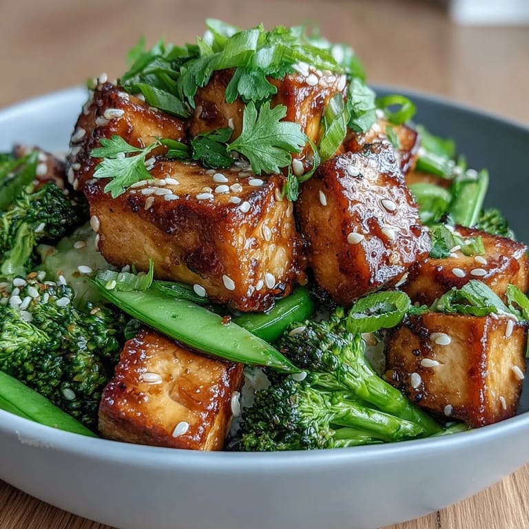 Flavorful plant-based meal featuring crisp tofu, fresh veggies, and rich teriyaki sauce served over steamed rice.
