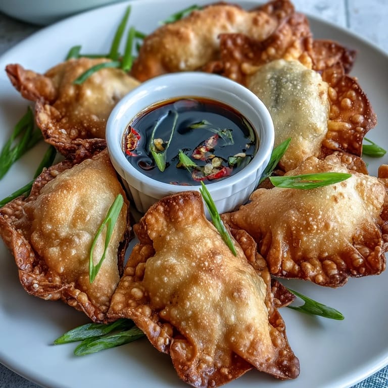Crispy, savory dumplings filled with seasoned pork and vegetables, paired with a tangy, aromatic soy ginger dipping sauce.  
