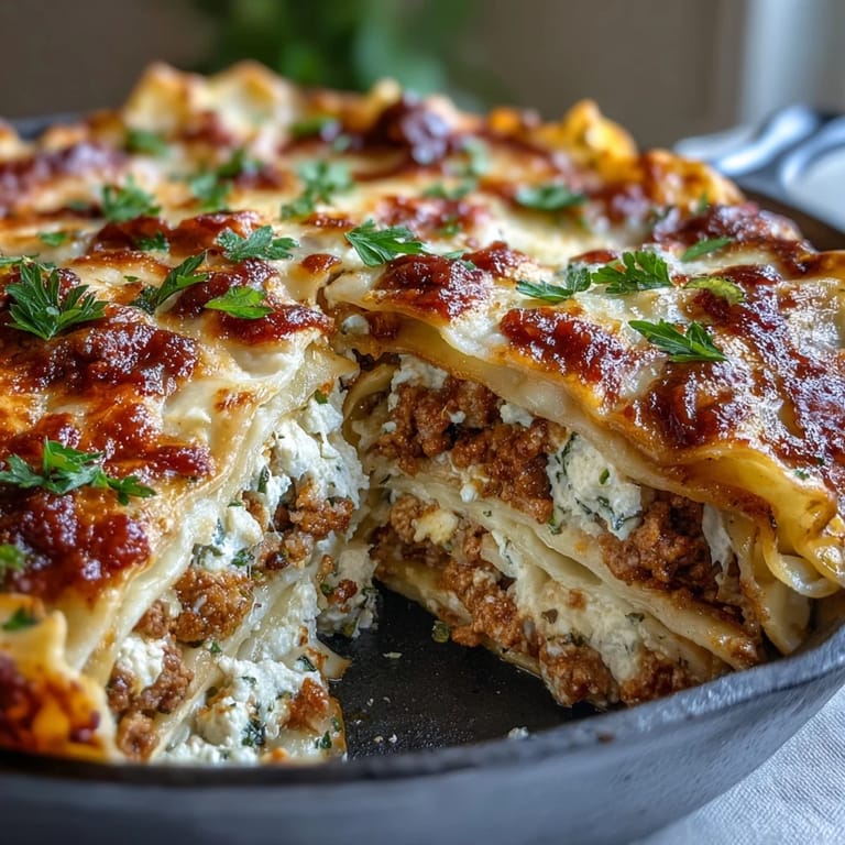 Fusion dumpling lasagna skillet featuring ground turkey, shredded cabbage, and ricotta layered between dumpling wrappers.