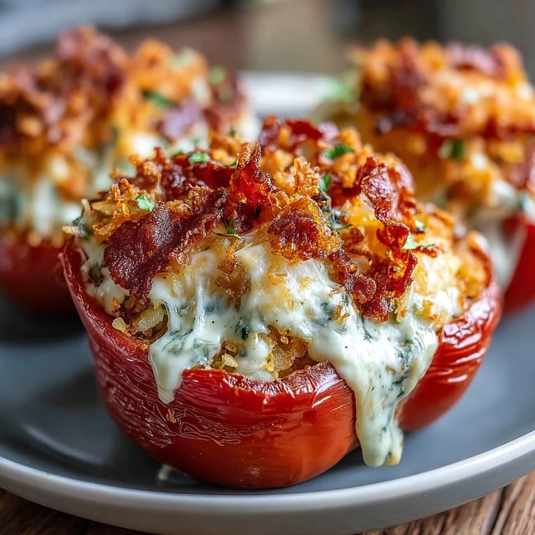 Cheesy hash brown stuffed bell peppers baked with sour cream, cheddar, and crunchy cornflake crust for a hearty vegetarian main.  