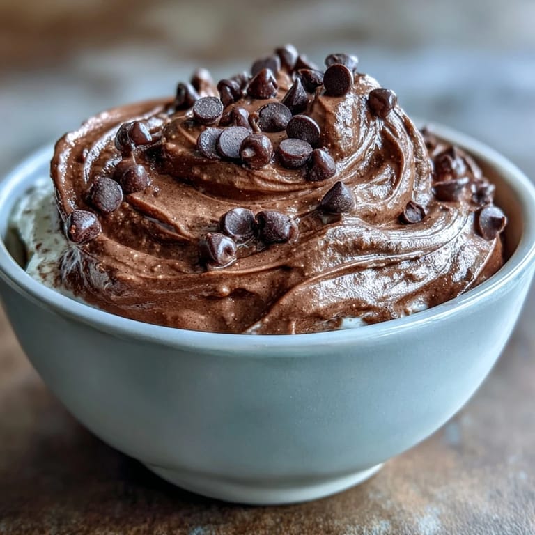 Velvety chocolate cottage cheese dip topped with mini chocolate chips, perfect for dipping strawberries, apples, and bananas.  