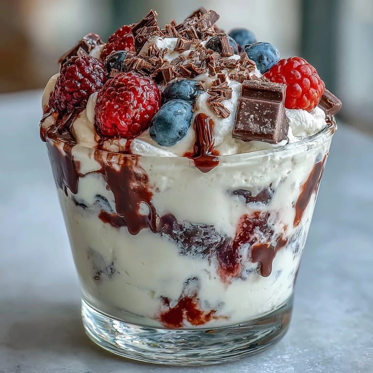 Creamy Greek yogurt layered with sweet mixed berries and rich dark chocolate shavings in elegant parfait glasses.