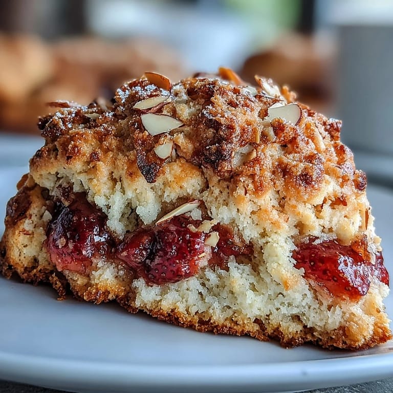 Buttery strawberry scones with toasted almonds and rich brown butter flavor, a delightful treat for weekend brunch or special occasions.