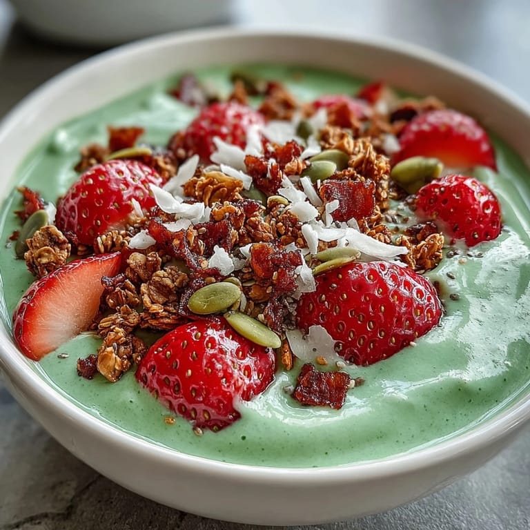 Refreshing smoothie bowl blending sweet strawberries and matcha latte flavors, garnished with chia seeds, pumpkin seeds, and fresh mint leaves for extra texture and taste.