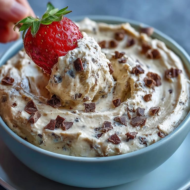 Wholesome cottage cheese cookie dough dip swirled with chocolate chips, paired with vibrant mixed fruit for a nutritious snack or dessert.