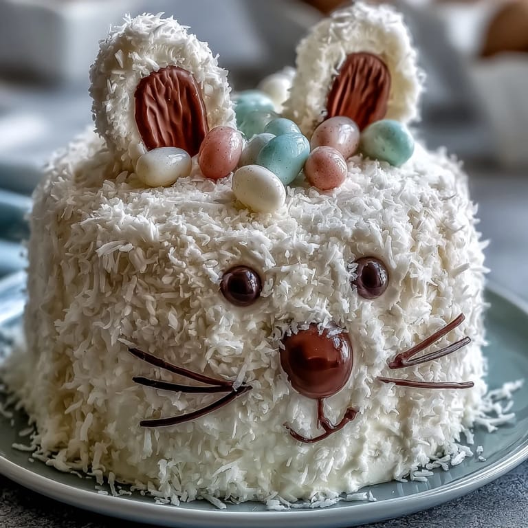 Adorable bunny-shaped vanilla cake frosted with creamy coconut icing and topped with jelly beans, marshmallows, and licorice whiskers.