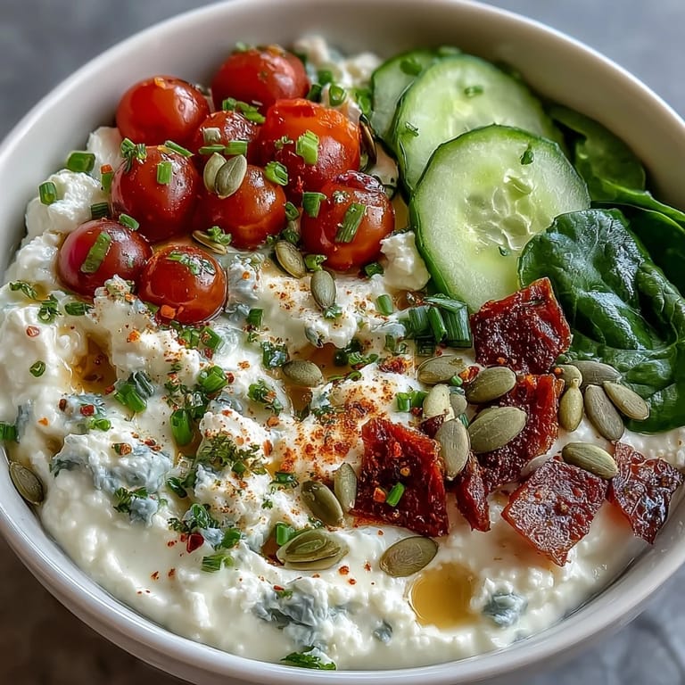 Refreshing cottage cheese breakfast bowl with cherry tomatoes, cucumber, and bell pepper, garnished with chives and parsley for added flavor.