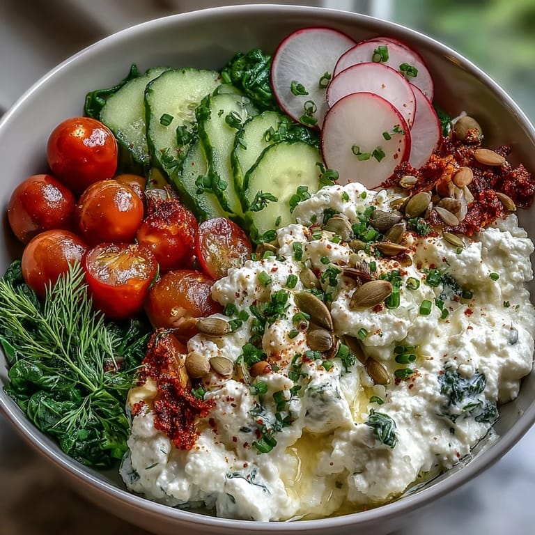 Protein-packed cottage cheese breakfast bowl with colorful veggies and crunchy seeds, perfect for a healthy morning meal.