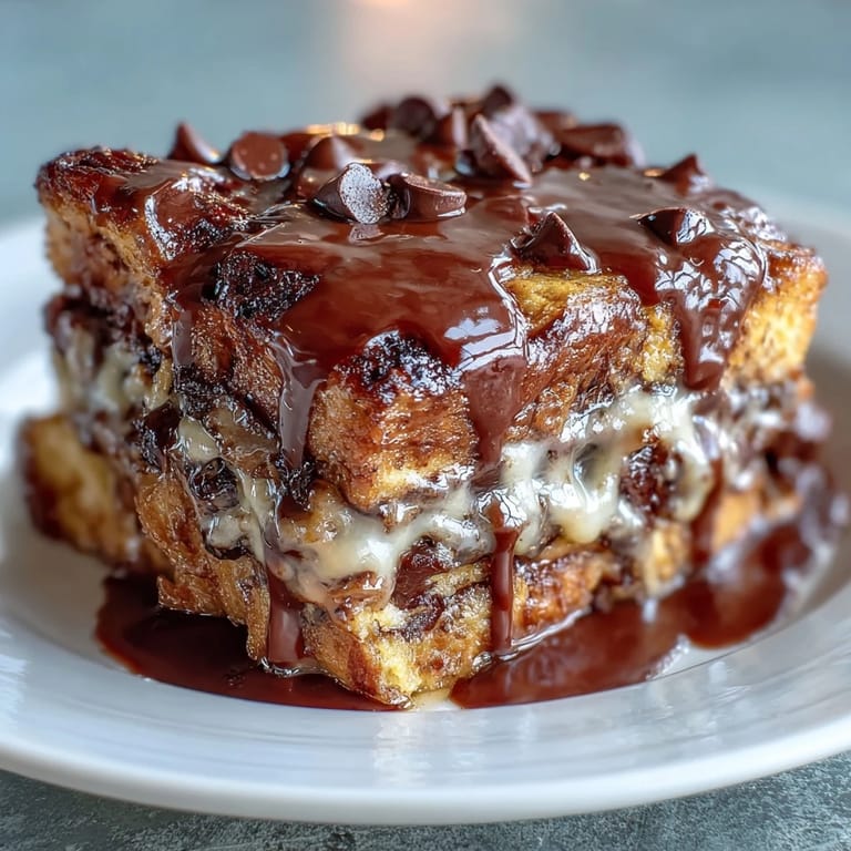 Rich chocolate croissant bread pudding baked until custardy and golden, topped with powdered sugar and fresh berries for a cozy brunch treat.