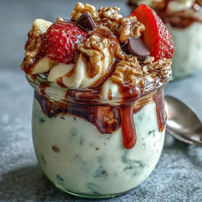 Nutritious breakfast jar featuring ripe banana slices, mixed berries, vanilla yogurt, and a sprinkle of chocolate chips and coconut.