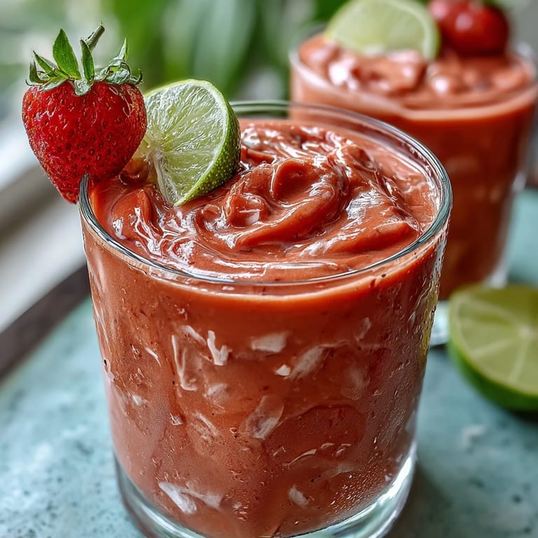 Creamy and refreshing strawberry coconut daiquiri smoothie blended with frozen strawberries, banana, and coconut milk for a healthy vegan treat.