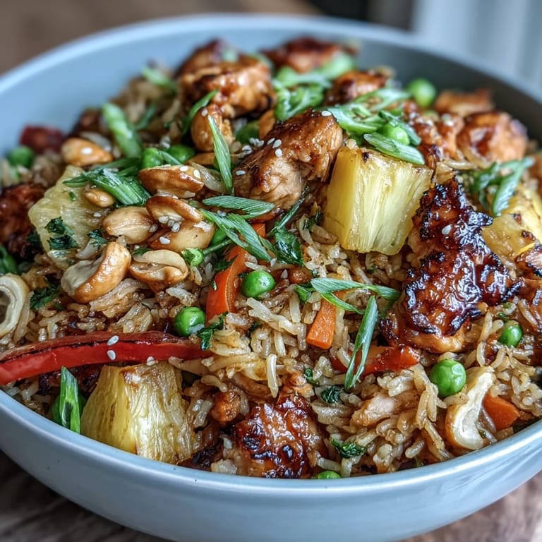 Aromatic fried rice dish featuring tropical pineapple, scrambled eggs, and tender chicken for a flavorful Hawaiian-inspired meal.  