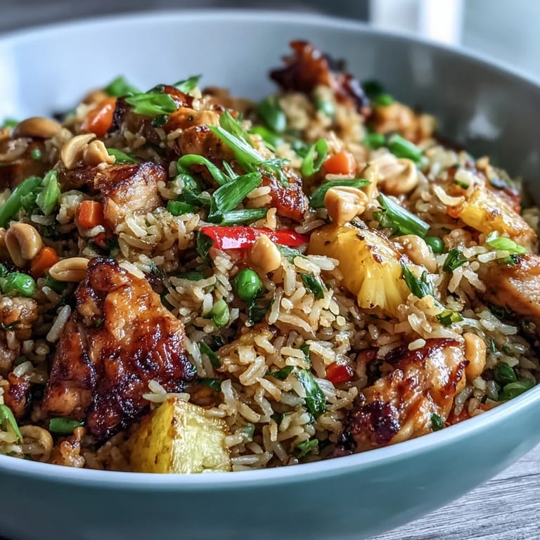 Savory Hawaiian Pineapple Chicken Fried Rice with fresh pineapple, crisp vegetables, and jasmine rice, garnished with green onions.