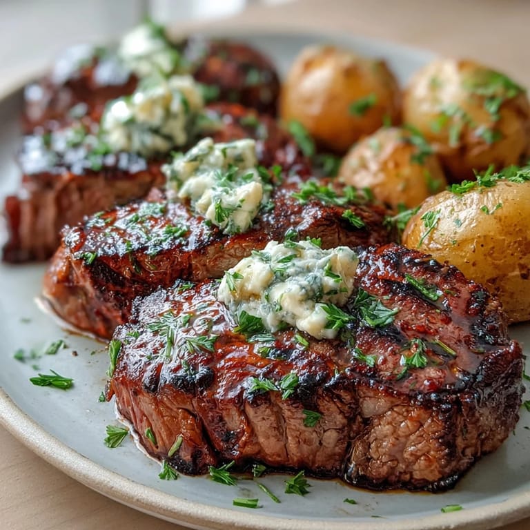 Tender steak bites and crispy potatoes tossed in rich garlic butter, garnished with parsley and lemon zest.  