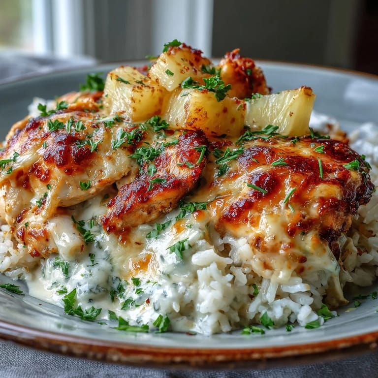 Baked chicken and rice casserole with melted cheddar cheese and sweet pineapple pieces.  