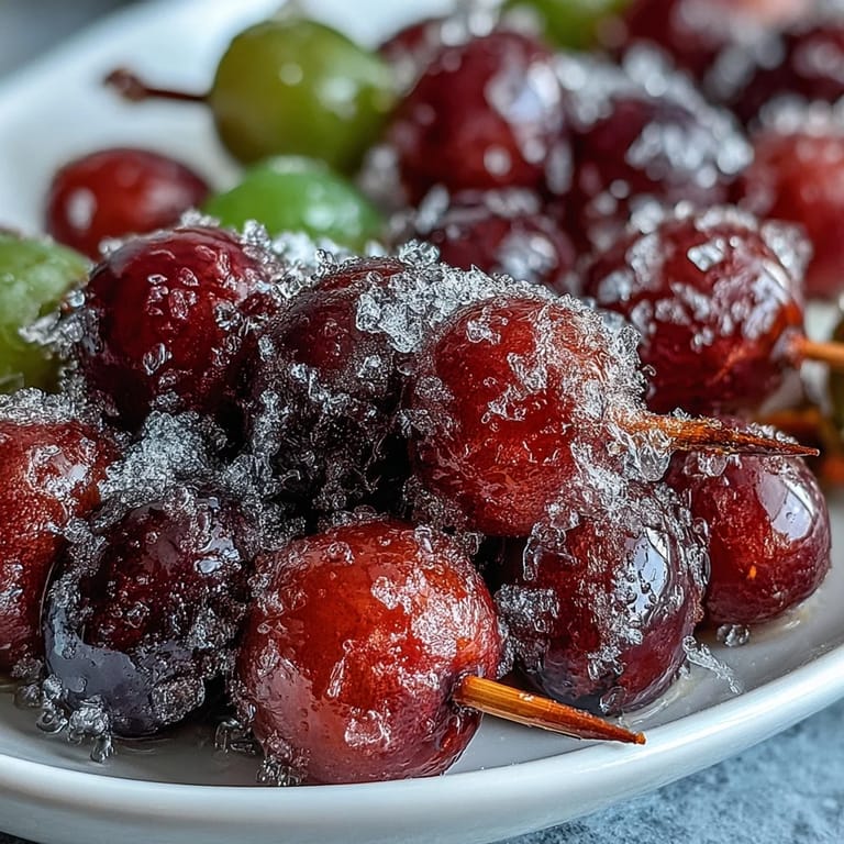 Zesty lime sugar-coated grape skewers, a cool and tangy treat perfect for hot days or healthy party platters.  