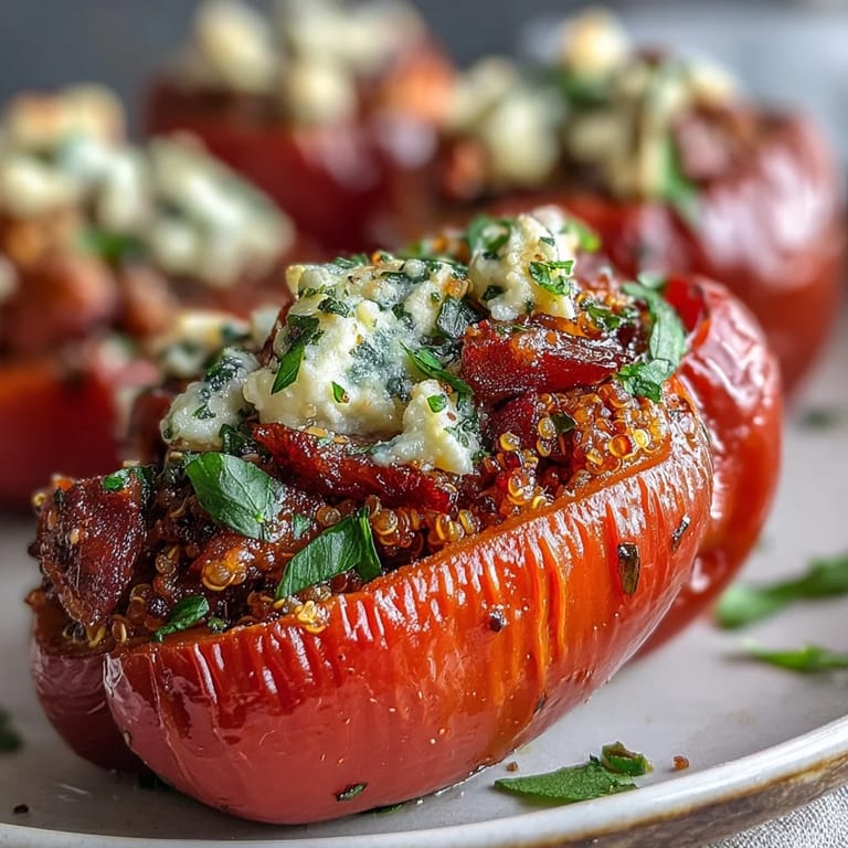 Aromatic quinoa and fresh herb filling nestled inside tender bell peppers, baked until golden and flavorful for a satisfying main dish.