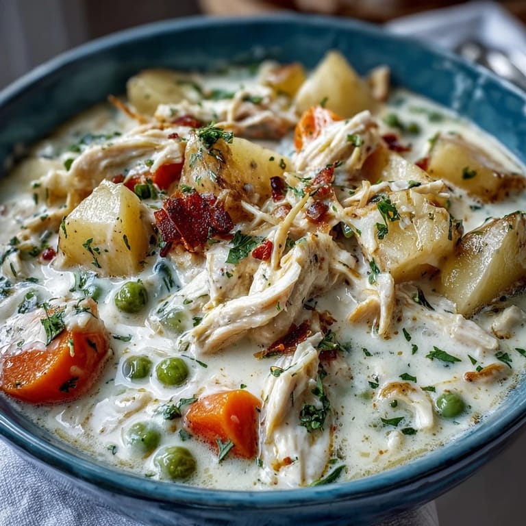 Slow cooker chicken pot pie soup brimming with shredded chicken, potatoes, carrots, and peas in a comforting, creamy, herb-infused broth.