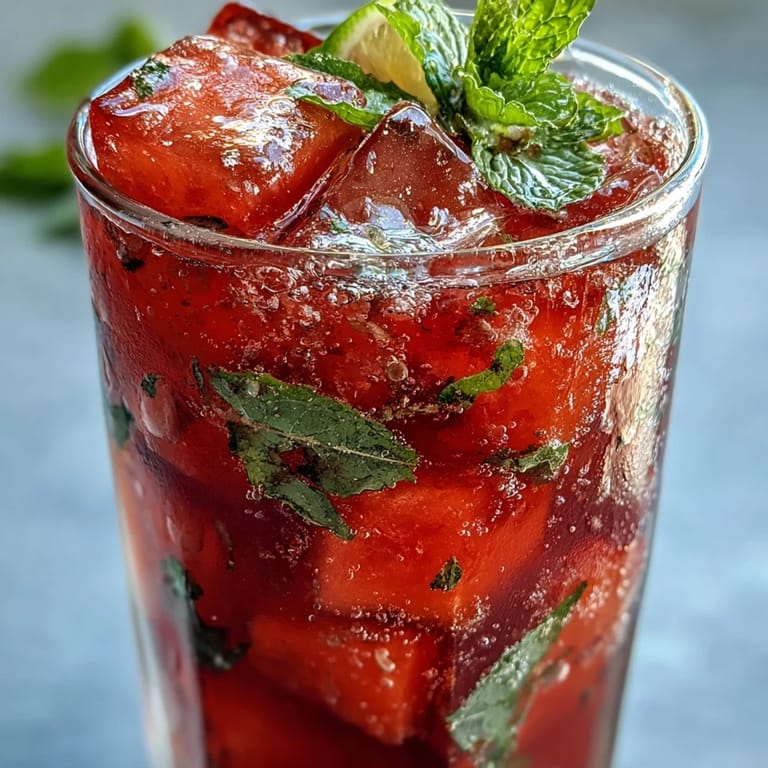 Ice-cold watermelon mint vodka spritz mocktail with fresh mint garnish and lime slice, ideal for non-alcoholic gatherings.
