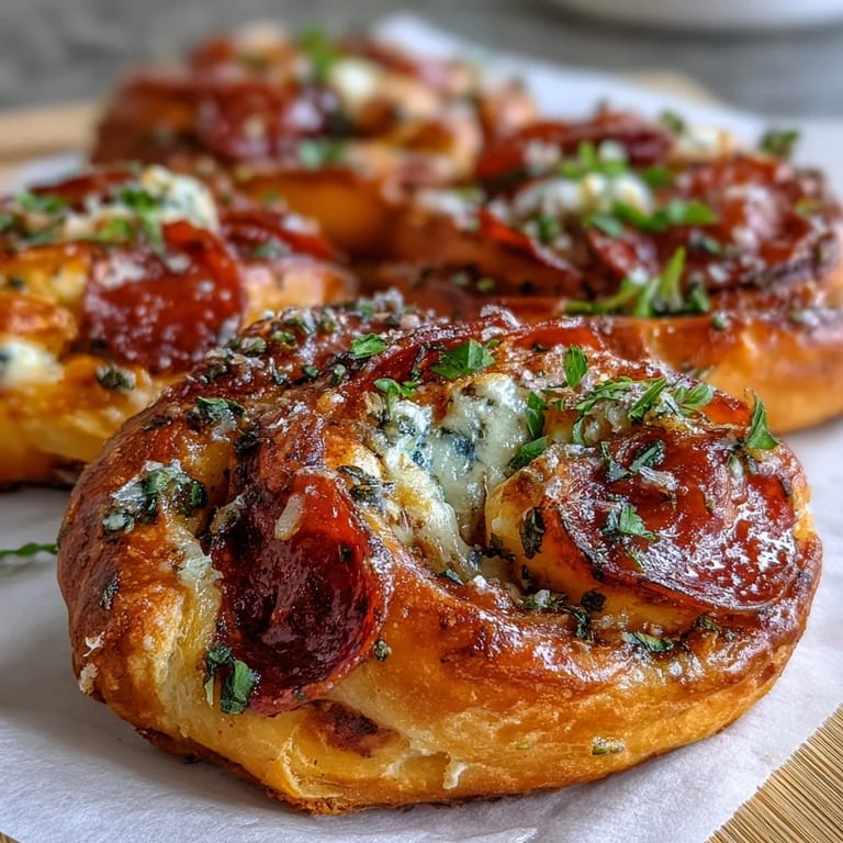 Flaky puff pastry spirals loaded with zesty marinara, melted mozzarella, and savory pepperoni slices. Perfect finger food for any gathering.