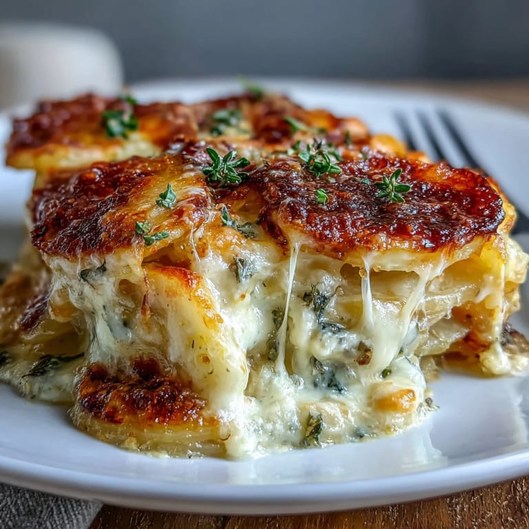 A serving of scalloped potatoes on a plate next to a fresh green salad, highlighting the creamy texture of the dish.