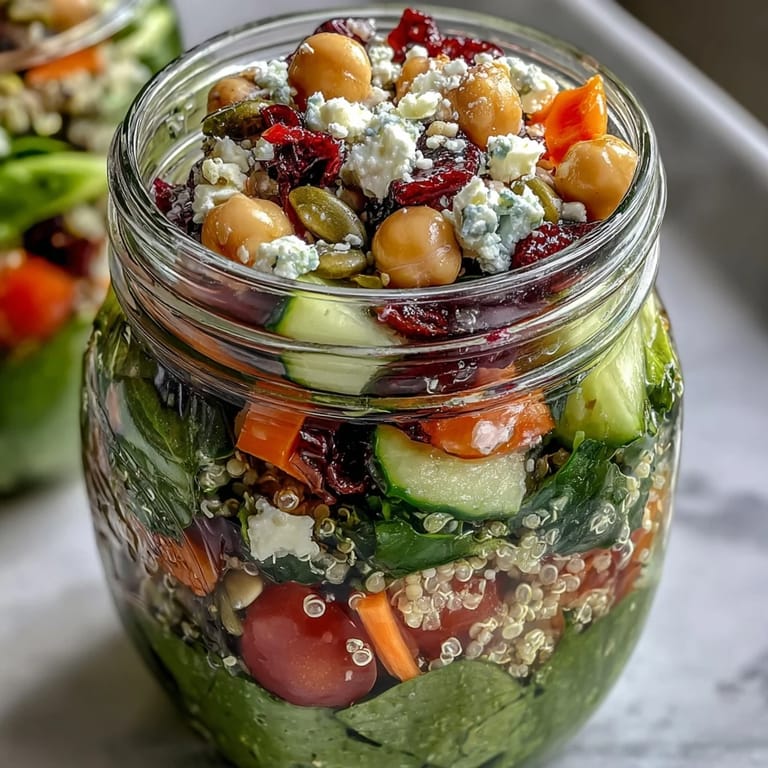 Healthy Summer Meal Prep: Mason Jar Salads for the Week – Colorful, crisp mason jar salads stacked with leafy spinach, chickpeas, cucumbers, and a tangy balsamic dressing for easy weekday meals.  